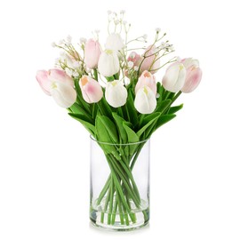 ENOVA FLORAL 18 Heads Artificial Tulips Flowers Real Touch in Vase, Mixed Fake Baby Breath Artificial Flowers in Vase with Faux Water for Dining Table, Wedding Event (White Pink)