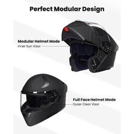 ILM Adult Motorcycle Helmet Dual Visor Flip up Modular Full Face Helmet DOT Model WS206(Matte Black,Large)