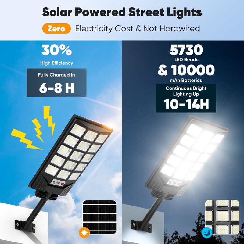Solar Street Lights Outdoor Waterproof, 30000LM 6500K LED Motion Sensor