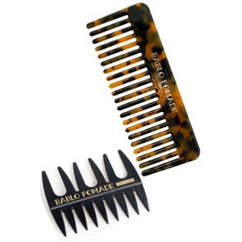 BABLO POMARD Wide Comb & Mesh Comb Set Tortoise Shell Marble Pattern Mens Amber Brown Black