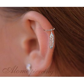 Silver Cartilage Earring - 925 Silver Feather Helix Ring - 20G 8mm Piercing Hoop