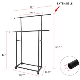 Fishat Black Simple Standard 2 Double Rod Clothing Metal Garment Rack for Hanging Clothes, Rolling Clothes Organizer with Mobile Lockable Wheels