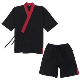 OWLONLINE Japanese Kimono Mens Plus Size Short Sleeve Top & Pants Sleepwear Pajamas Set, black