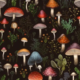 XRUIBZI Black Mushroom Wallpaper Peel and Stick Wallpaper Black Wallpapers Stick and Peel Black Contact Paper for Cabinets Waterproof Self Adhesive Wall Paper for Kitchen Countertop Wall 17.5" x 393"