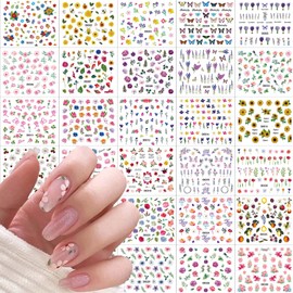 30 Sheets Flower Nail Art Stickers Colorful Flower Nail Stickers 3D Self-Adhesive Nail Design Sticker Spring and Summer Sunflowers Violets Nail Decorations for Women Girls Nail Art Supplies