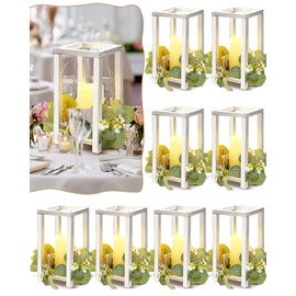 Huquary 16 Pcs Lantern Wedding Centerpieces Includes 8 Rustic Wooden Wedding Lantern Centerpiece for Decorative Candle and 8 Flameless Lantern Candle Holder for Valentine Wedding Table Decor(White)