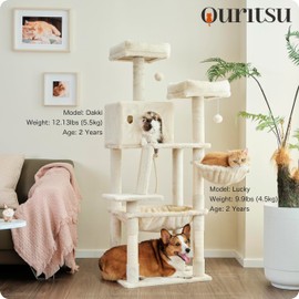 Ouritsu Cat Tree, 56.57" Tall Cat Tower, Two Padded Perches, Large Condo with Window for Large Cat Indoor, Kitten, Steel Framed Hammock, Scratching Post and ramp, Fluffy Basket, Beige, LF001WH