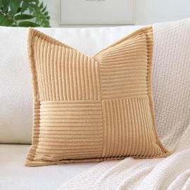 OTOSTAR Striped Corduroy Throw Pillow Covers with Splicing Super Soft Boho Pillow Covers Broadside Decorative Textured Throw Pillows for Couch Sofa Bed Living Room 24x24 Inch, Khaki