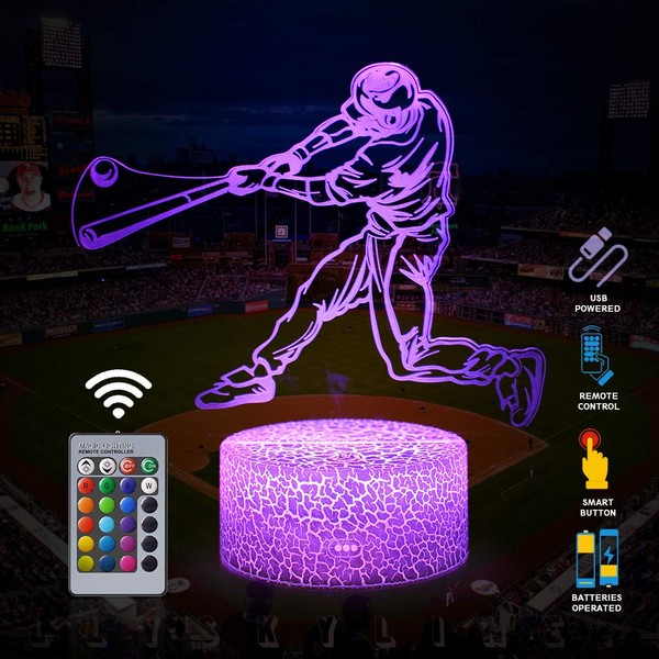 Baseball Man 3D Lamp Night Light with Remote & Touch Control,Multiple Colour & Flashing Modes and Brightness Adjusted,USB & Batteries Powered,Best Gifts for Sport Lovers Boys Girls (Baseball Man-2)