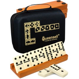 Queensell Dominos Set for Adults with 4 Domino Racks - Double 6 Dominoes Set with Domino Holder, Classic Board Games for Kids and Adults - Double Six Standard Dominos Set 28 Tiles with Travel Case