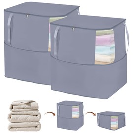 Comforter Storage Bag, Large Capacity Blanket Storage Bags with Visual Window, Ultra Space Saving Self Compression Organizer, Washable Compression Bag for Duvet, Down Jacket, Pillow, 2-Pack, 136L Gray