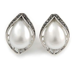 Vintage Inspired Faux Pearl Hematite Crystal Leaf Stud Clip On Earrings In Silver Tone - 23mm L