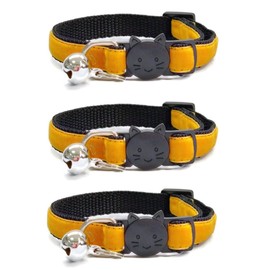 Velvet Cat Collars with Bell. Safe Breakaway Quick Release Buckle. Available in Cat & Kitten Size (Pack of 3) (Cat Collar (20cm - 30cm), Gold Velvet (Pack of 3))