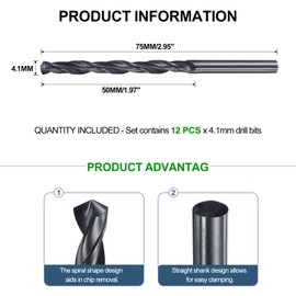 METALLIXITY Drill Bit (4.1mm) 12Pcs, 4241 High-Speed Steel Straight Shank Nitriding Black 118° for Wood Plastic Iron Copper Aluminum Low Soft Metal