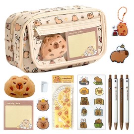 Smdbzda Capybara Stationery Set, 9 Layers Large Capacity, Capybara Pencil Case, Cute Capybara Pencil Cases, with Pens, Clips, Rulers and More, Stationery Gift Set for Children, Pack of 24