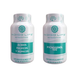 INDIGO LIFE NUTRACEUTICOS – Pack Doble: Ácidos Fúlvicos 60 Caps + Pycnogenol 40 Caps – Cápsulas Veganas 500 mg