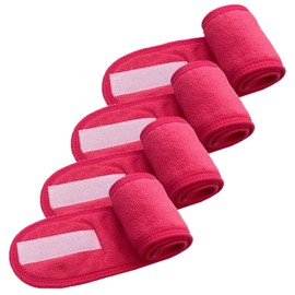 Haobase 4 Pcs Spa Facial Headband Head Wrap Terry Cloth Headband Adjustable Stretch Towel with Magic Tape for Bath, Makeup and Sport (Rose)