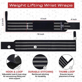 AQF Wrist Support Kit – 18” Wrist Wraps and Padded Lifting Straps for Deadlifts, Weight lifting, Powerlifting, CrossFit, Fitness Workout, and Strength Training Men & Women(1 Pair Each)(Black & Grey)