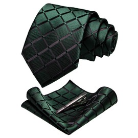 Jemygins Men’s Wedding Checked Ties and Handkerchiefs - Plain Set with Tie Clips - Various Colours - dark green, size: m