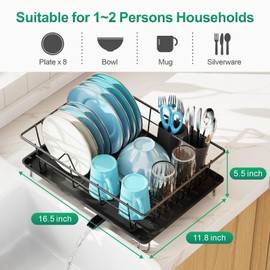 GSlife Dish Drying Rack with Drainboard - Rust-Resistant Dish Racks for Kitchen Counter, Space-Saving Dish Drainer with Utensil Holder and High Feet, Black