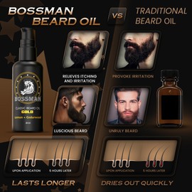 Bossman Organic Mustache & Beard Oil for Men, 2 oz – Natural Beard Moisturizer with Jojoba, Argan & Avocado Oils (Gold Scent)