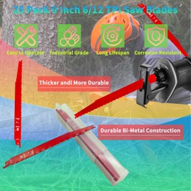 2025 Upgraded 25 Pack 9 Inch 6/12 Tpi Bi-Metal Auto Dismantling Saw Blade - Non-Stick Coated Reciprocating Saw Blades Cutting Nail-Embedded Wood Trees Garden Pruning with Organizer Case - Red