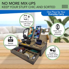 EcoLeafy Dot Nightstand Organizer with Drawer- Wood Phone Docking Station- Desk Organizer for Two Phones or Tablet, Watches, Headphone & Accessories- Unique Gifts for Men, Dad or Son (Rustic Gray)