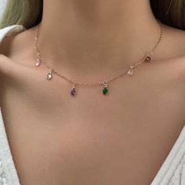 Inateannal Boho Colourful Rhinestone Necklace Chain Crystal Rainbow Choker Necklace Gold Crystal Pendant Necklace Colourful Gemstone Chain Necklace Jewellery for Women and Girls, Zinc, No Gemstone