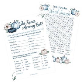 Blue Little Pumpkin Boy Baby Shower Party Games - Who Knows Mommy Best and Word Search (2 Activity Game Bundle) - Set of 20 Player Cards, Fall Baby Shower