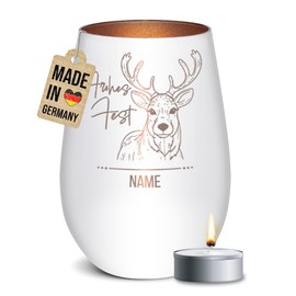 PR Print Royal Lantern with Engraving for Christmas – Frohes Fest, Reindeer – Engraved with Name – Mood Light, Family & Friends | Includes Tea Light, 450 ml, White Bronze