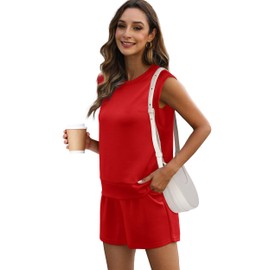 XIEERDUO Two Piece Outfits for Women Casual Summer 2 PC Short Sets Spring Travel Lounge Sets Fashion Cap Sleeve Tracksuit Airport Loungewear Women's Romper Red L