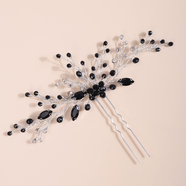 Kercisbeauty Black Crystal Hair Piece for Wedding Brides Silver Hair Pins Hair Styling Accessory for Women and Girls (Black) 1 Count (Pack of 1)