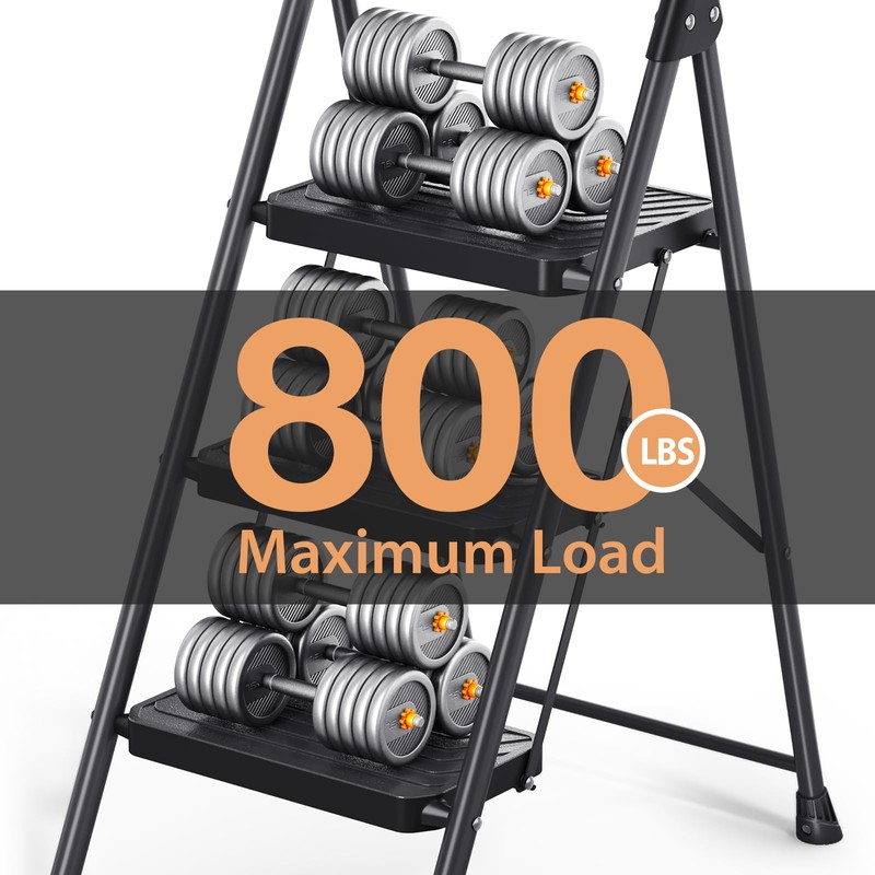 TOOLF 3 Step Ladder, Sturdy Steel Step Stool with Anti-Slip