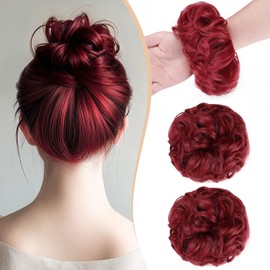 Qunlinta 2 PCS Large Messy Bun Hair Piece, Thick Wavy Curly Hair Bun Scrunchies Extensions Synthetic Chignon Updo Hairpieces for Women Girls Dark Red