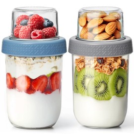 KTMAMA 2 Pack 16 OZ Overnight Oats Containers with Lids, Dual-Layer Glass Meal Prep with Dry and Wet Separation, Airtight Food Jars for Oatmeal Yogurt Parfait Cups Cereal Nut Fruit