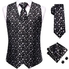 Hi-Tie Mens White Christmas Tree Black Waistcoats Tie Set Single-Sreasted Suit Vest Necktie Funny Xmas Business Party Casual Vest
