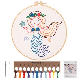 MWOOT Embroidery Cross Stitch Stamped Kit, DIY Embroidery Starter Kit Handmade Sewing Craft for Adults and Kids Beginner Stitch Starter (Mermaid)