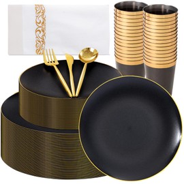 EI 350Pcs Black and Gold Matte Frosted Plastic Plates Disposable Heavy Duty,Dinnerware Set for Party Include 100 Disposable Plates,150 Silverware,50 Napkins,50 Cups for Party/Wedding/Birthday/Festival