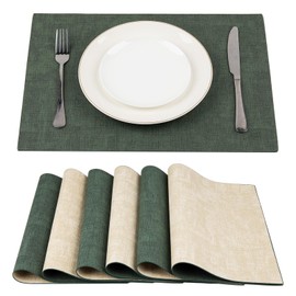 SUEH DESIGN Leather Placemats Set of 6 Reversible Table Mats Heat Resistant Waterproof No-Slip Place Mats for Dining Table Kitchen Parties, Dark Green and Beige