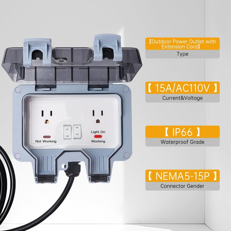 STARELO Outdoor Power Outlet with 10FT Extension Cord, IP66 Waterproof
