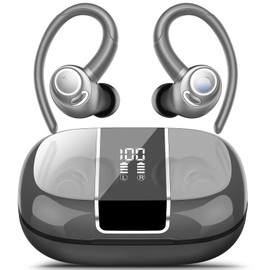 Wireless Earbuds Bluetooth 5.3 Headphones Sports, 48Hrs Playtime Bluetooth Earbuds with CVC 8.0 Mic, Stereo Bass Over Ear Bud with Earhooks, LED Display, IP7 Waterproof Earphon for Running Gray