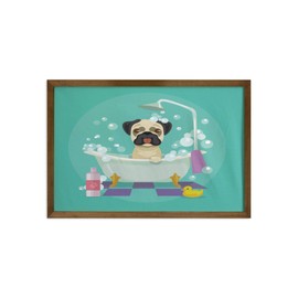 Lunarable Cartoon Framed Wall Art, Pug Dog in Bathtub Grooming Salon Service Shampoo Rubber Duck Pets in Style Image, Fabric Decor with Teak Tone Wood Frame Home & Dorm Decor, 35" x 23", Teal