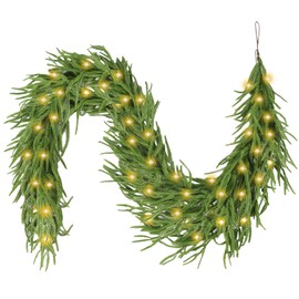 Artificial Norfolk Pine Garlands,2 Pcs 6 FT Christmas Winter Pine Garland with 2Pcs 25 LED Lights, Real Touch Faux Green Greenery Garland for Fireplace,Table, Wall,Window,Outdoor Christmas Decorations