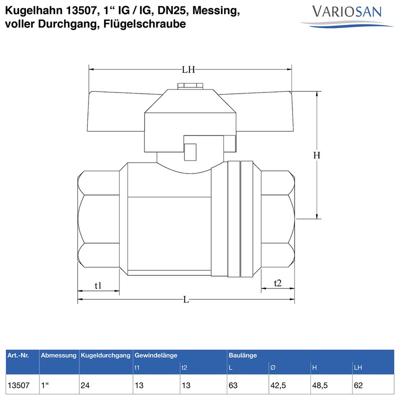 VARIOSAN Ball Valve 13507, 1 Inch IG/IG, DN25, Brass, Full