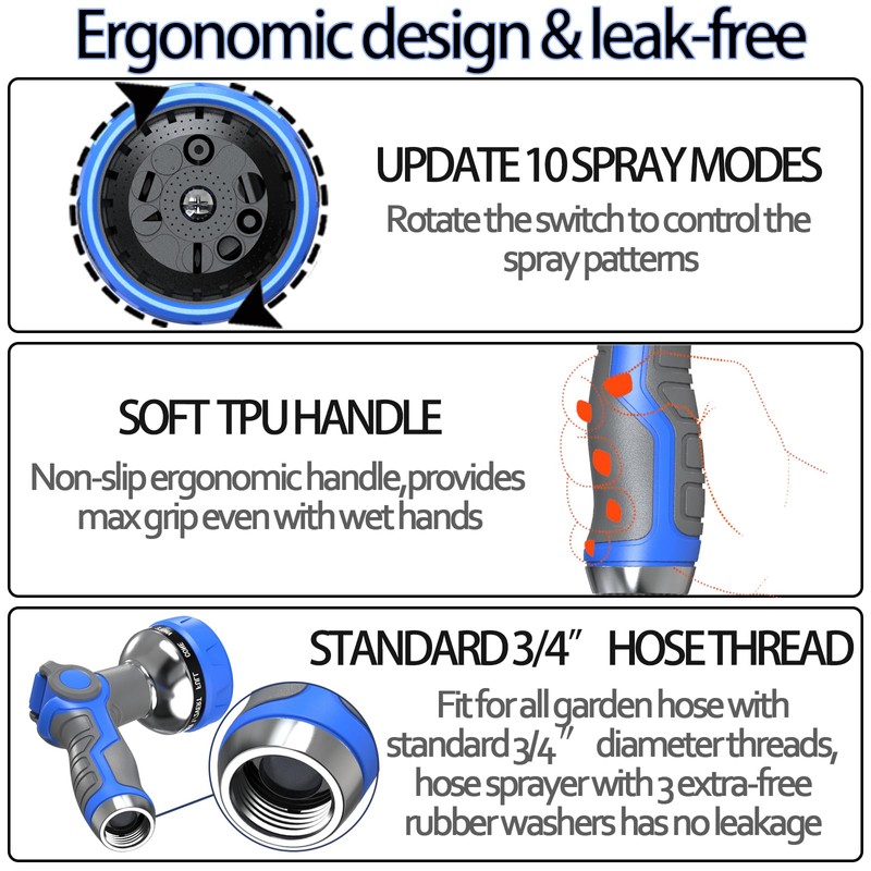 Boquilla de manguera con 10 patrones ajustables para manguera de