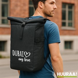 Huuraa Kurierrucksack Dubai my love Geschenk 30-44 Liter Black Melange Roll-Top Fairtrade Dubai Geschenkidee
