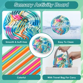 Sensory Activity Board ，Silicone Fidget Toy for Calming, Quiet Sensory Toys for Kids 3+ & Adults, Stress/Anxiety/ADHD & Autism Calming Toy , Includes Travel Bag & 18 Strings（Blue-White，Circle）