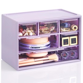 Desk Storage Organizer with 6 Mini Drawers, FODIENS Stackable Desktop Craft Drawer Cabinet, Clear Storage Box Caddy for Makeup Jewelry Office Craft Supplies (Purple)