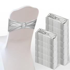 Oudain 120 Pieces Spandex Chair Sashes with Buckle Stretch Chair Cover Bands Bows for Wedding Hotel Banquet Events Decorations Sashes(Silver)