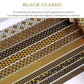 Juego de 10 Rollos de Cinta Washi Adhesiva Decorativa - Lámina Dorada Para Arte, Diarios, Embalaje de Regalo - Anchas y Bonitas (Black Classic)